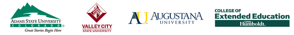 Logos of Adams State University, Valley City State University, and Augustana University College of Extended Education Humboldt.
